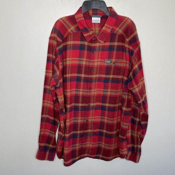 COLUMBIA Mens Red Plaid Flannel Button-Up Long-Sleeve Shirt Sz XL Cotton-Stretch - Picture 1 of 9